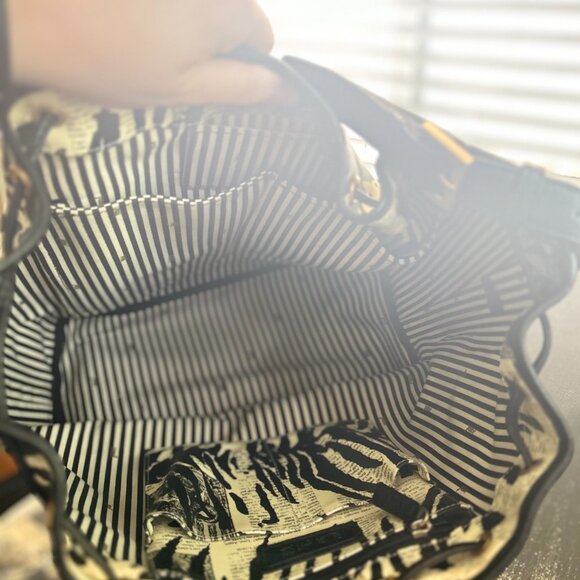 L.A.M.B. by Gwen Stefani Mandalay Newsprint Zebra Drawstring Leather Bucket Hobo - Picture 2 of 6